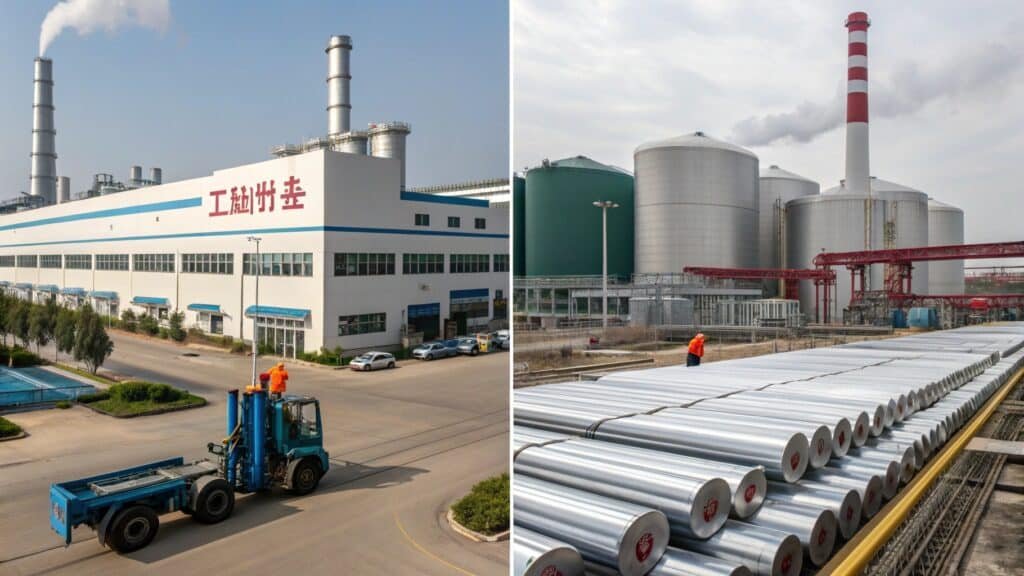 A bar chart dramatically comparing the small bar of US aluminum production next to the towering bar of Chinese production.